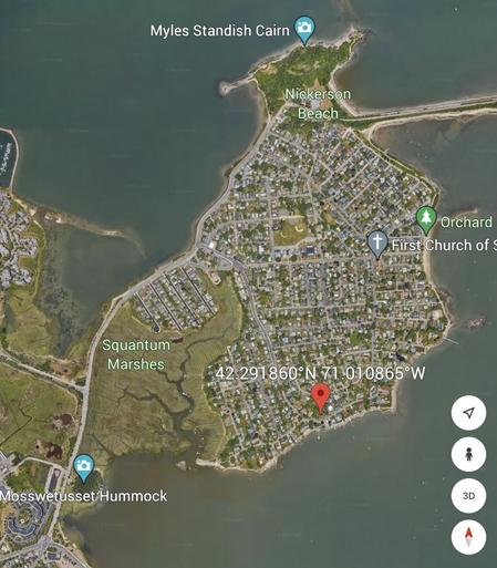 Google Eart view of Squantum, Quincy, immediately southeast of Boston, Massachusetts USA. The small outcrop examined here is near the red pin. The “classic” Squantum cliff and beach exposures are near the pin for Myles Standish Cairn.