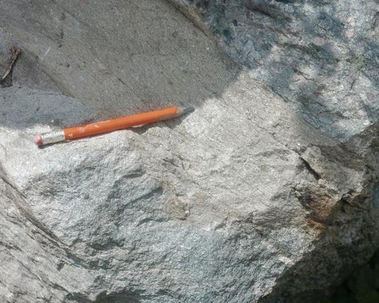 Abrupt change in grain size in Squantum Member, depositional up is interpreted to be top right.