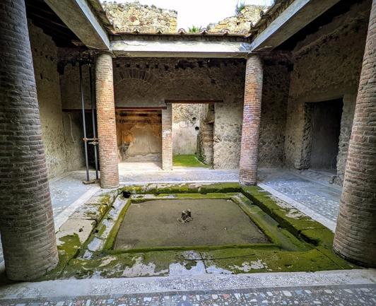 A dried-up, moss-covered pool sits in the middle of the room.  A skylight sits above it.  There are four large, round pillars sit on the four corners of the pool.  Well-preserved tile is visible on the floor and what appears to be an external door is visible on the opposite end of the room.