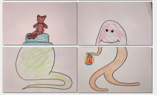 Two sketches on four note cards:

A teddy bear riding on a slug body.
A big smile on a twisting tree root body holding a lantern.