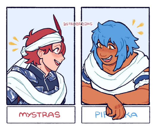 a digital bust drawings of mystras and pipirika from the "sinbad no bouken" manga. they are looking at each other, smiling happily, mouths open as if they're talking about something. pipirika is drawn as leaning with both of her arms on the frame around the drawing.