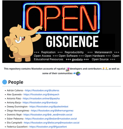 A screenshot of a GitHub repo listing rspatial accounts on Mastodon