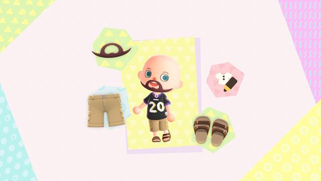 Animal Crossing: New Horizons screenshot. Image of the clothing changing scene. Bald, light skinned islander is wearing a rounded beard brown flip flops, khaki shorts, and a custom shirt that is designed to look like a #20 Baltimore Ravens black jersey (Custom Design ID MO-TGGK-PXH9-395T)