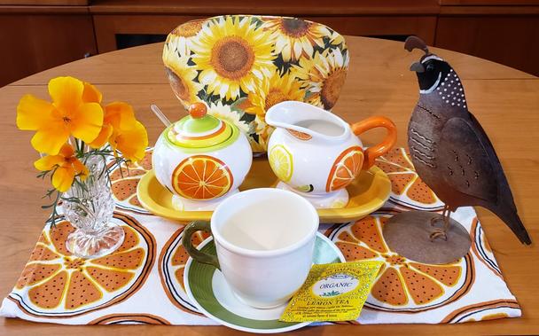 A tea tableau celebrating California. The tea is Lemon black tea from St Dalfour.