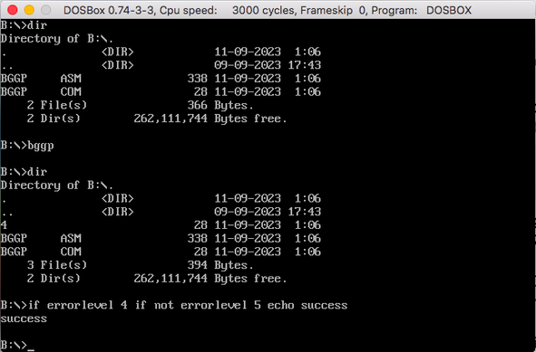DOSBox screenshot showing that running BGGP.COM creates a file called 4, and both are 28 bytes in size. Also, checking ERRORLEVEL to confirm that BGGP.COM returns 4.

Yes, that's the only way to check the return code; you can't print it directly using COMMAND.COM. ref: https://ss64.com/nt/errorlevel.html
