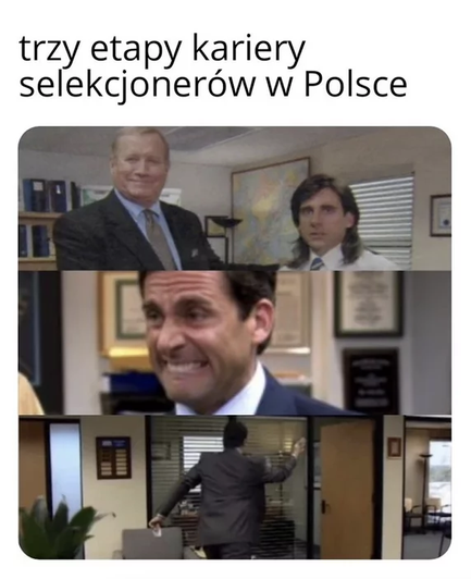 Mem obrazujący trzy etapy kariery selekcjonerów w Polsce na przykładzie scen z The Office.