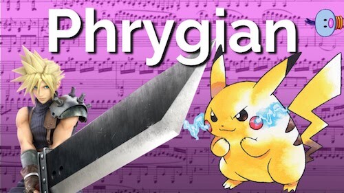 Screen capture of a title page showing the text "Phrygian" at the top, a background of musical notes, and in the foreground an anime character wielding a sword and an angry Pikachu