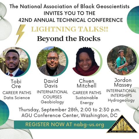 Flyer for the 42nd Annual Technical Conference of the NABG.  Beyond the Rocks – Opportunities for students at the intersection of geology and other disciplines.