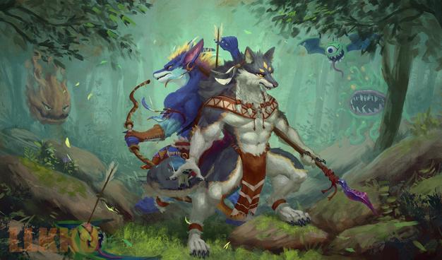 a dragon and a wolf fighting against FF monsters