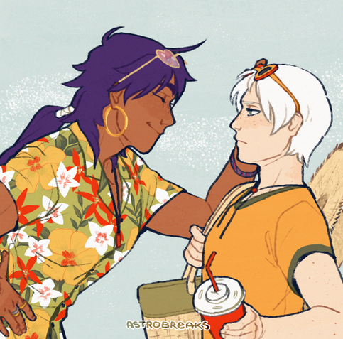 a digital halfbody drawing of sinbad and ja'far from the "magi: the labyrinth of magic" manga/anime, but in a modern au. sinbad is dressed into a hawaiian shirt of bright green with red and yellow flowers pattern, some accessories and on his head there are heart-shaped sunglasses. he is leaning forward, smiling, one of his hands on his hip, the other holding up ja'far's sunglasses. ja'far is dressed in a simple yellow t-shirt, a straw hat hanging on his back. on one of his shoulders he has a bag, in his other hand he is holding a red plastic cup with a drink. ja'far is slightly leaning away, looking up at sinbad with a slightly done expression.