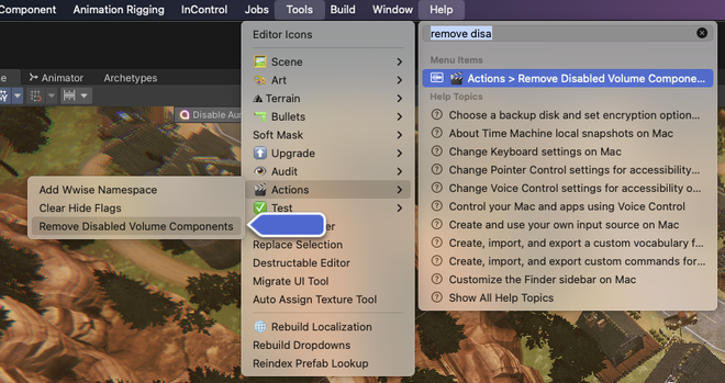 A screenshot of a Unity menu called Tools. Many of the sub-menus and options have emoji added at the beginning of their labels, such as "🖼️ Scene", "🎨 Art", "⛰️ Terrain", and "🔫 Bullets"