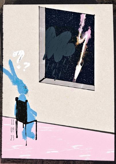 Die digitale erstellte Illustration zeigt einen kleinen blauen Hasen
auf einem schwarzen Stuhl sitzend, der mit einem müden Auge zu einem großen Fenster erwartungsvoll hinaus schaut; in dem Fenster zieht eine dunkle, graublaue Regenwolke auf, aus der einzelne Tropfen fallen; rechts neben der Wolke fährt ein Blitz in hellen Rosa-Weißtönen entlang des tief dunkelblauen Nachthimmels;
über dem Kopf des Hasen sind zwei unterschiedliche große, blaß weiße Fragezeichen platziert; der Boden des
angedeuteten Zimmers ist in einem strukturiertem hellen Rosa gehalten und die Wand, in der sich das Fenster befindet, ist beigegrau-meliert
