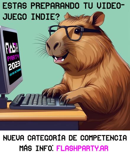 Un carpincho usando una computadora con el logo de Flashparty 2023 en la pantalla.

A capybara using a computer with Flashparty logo on the screen