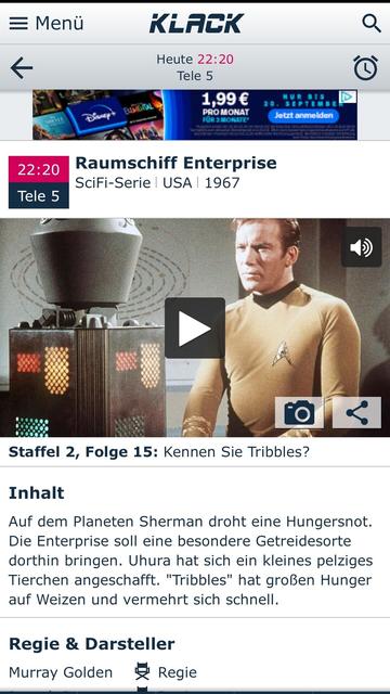 Screenshot einer TV-Programm-App mit dem Hinweis auf die Episode "Kennen sie Tribbles?" von Star Trek (Raumschiff Enterprise)