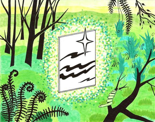 Art piece: colored pencil and ink. A mirror, rendered in stark black and white, with some odd perspective showing in how its edges are displayed, floats in the midst of a forest landscape. Everything else, including what might be the sky, is in various hues of green. A horned snake curls around a branch in the foreground. The mirror is surrounded by an aura of scintillations that resemble multicolored cracked glass.