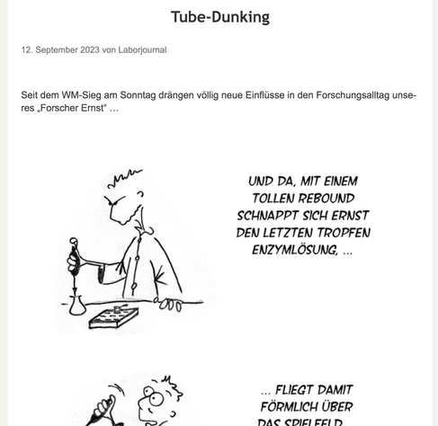 Erstes Bild des 3-Bilder-Cartoons von "Forscher Ernst", in dem er mit entschlossenem Gesichtsausdruck seine Laborpipette in einen Glaskolben taucht. Der obere Teil des zweiten Bilds ist noch angeschnitten.