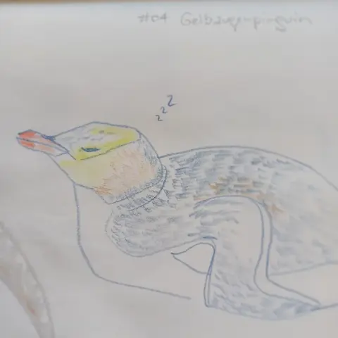 Skizze eines schlafenden Pinguins in Buntstiften