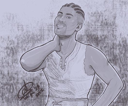 Digital sketch, a waist up of Wyll (character companion from Baldur's Gate 3). Wyll is a black man with his sides shaved and what I think are dreadlocks or cornrows? I can't tell despite the good textures of the game, sorry. But his hair is pretty dark. He's got a shadow of a goatee. He has one brown living eye and a stone one, a very long scars on a side of his face, we can assume from all his battles. In this sketch I portrayed him in his casual clothes from camp and posing kind of shy with a hand on his neck, looking at the camera with an honest smile.