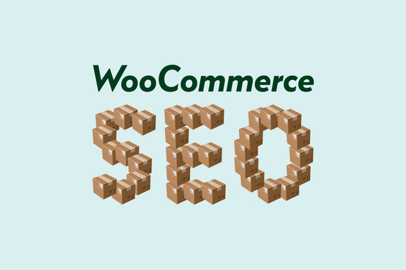 Auf blauem Grund steht WooCommerce SEO, wobei das Wort SEO aus Paketen besteht.