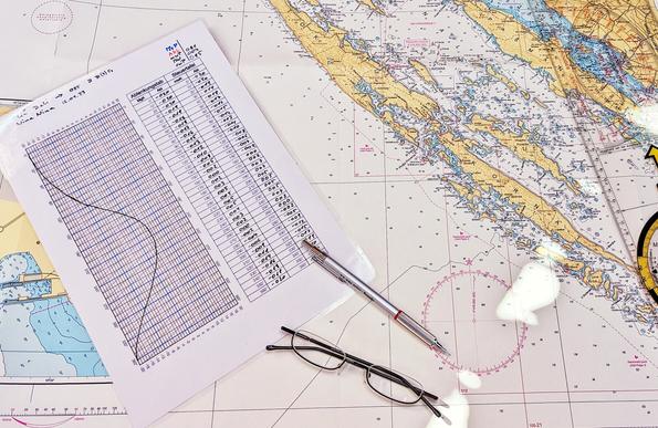 Picture of a nautical chart, with a handmade deviation table, some glasses, a pencil and a ruler laying on the chart.