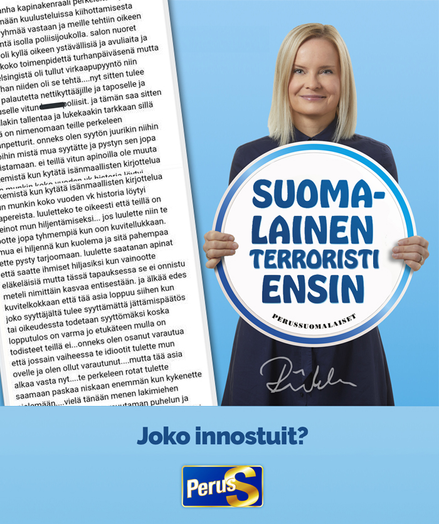 Purra pitää kylttiä "Suomalainen terroristi ensin"

Vieressä pitkä keskusteluryhmäviesti jossa terrorismista syytetty somerolainen uhkailee kaikkia aseiden takavarikoinnista ahdistuneena.