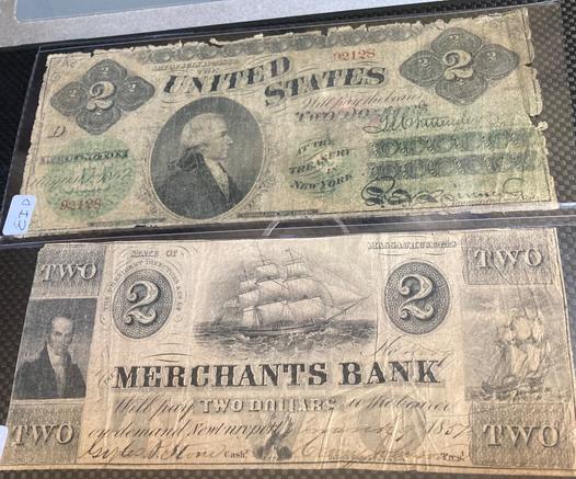 The U.S. 2$ bill on top from 1862-64 was the first ever such bill. 
The Massachusetts 2$ bill on the bottom was signed 1857 and was only good at that (Merchant’s) bank in MA.