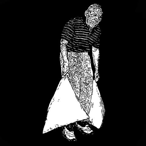 Pen drawing of a man wearing an old man mask and carrying bags of trash drawn on a black background.