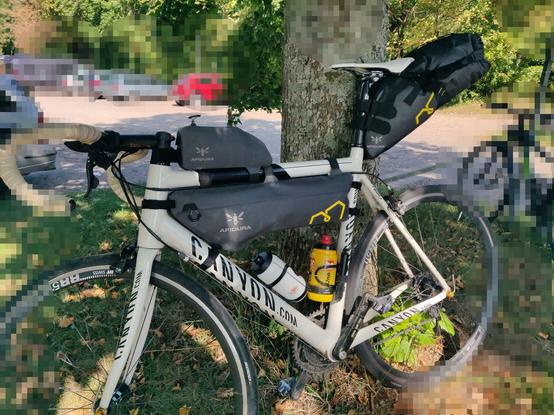 Mein Rennrad, probegepackt mit drei Bikepacking Taschen sowie zwei Trinkflaschen.