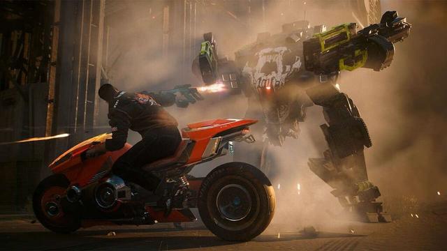 The male version of V riding a motorcycle shooting a large robot.
