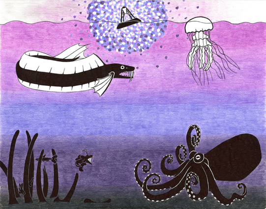 Art piece: colored pencil and ink. A mostly-underwater scene, with just enough air at the top to show a floating buoy with a lantern in it. The water is mauve grading down through purple to black at the bottom. Within it are sea creatures rendered in black-and-white: a long, slender fish with sharp fangs and a jellyfish roam near the surface; near the bottom, an octopus lurks, and several smaller fish swim through the ribs of some large skeleton. The buoy's lantern is surrounded by an aura of scintillations like multicolored cracked glass.