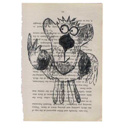 Pen drawing of a cartoonish animal with glasses, a bear’s head, wings and four legs drawn on a torn-out book page.