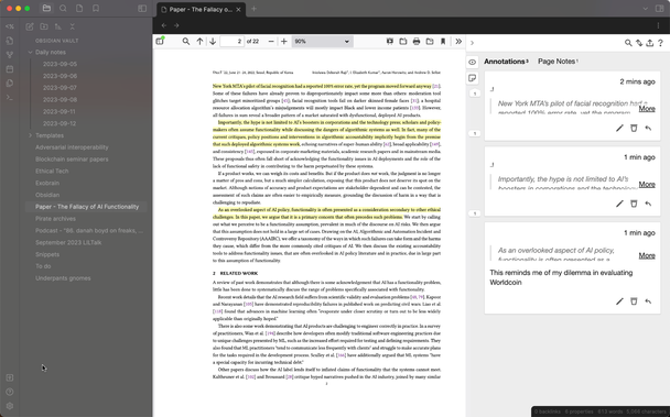 Screenshot of the Obsidian notetaking/personal knowledgebase software, with a PDF of the paper "The Fallacy of AI Functionality" open and mid-annotation
