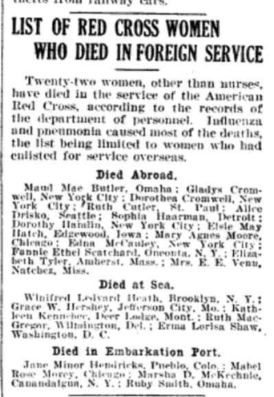 Clipping from 1919, "List of Red Cross Women Who Died in Foreign Service" "Twenty-two women, other than nurses, have died in the service of the American Red Cross, according to the records of the department of personnel. Influenza and pneumonia caused most of the deaths, the list being limited to women who had enlisted for service overseas. Died Abroad: Maud May Butler, Omaha; Gladys Cromwell, New York City; Dorothea Cromwell, New York City; Ruth Cutler, St. Paul; Alice Drisko, Seattle; Sophia Baarman, Detroit; Dorothy Hamlin, New York City; Elsie May Hatch, Edgewood, Iowa; Mary Agnes Moore, Chicago; Edna McCauley, New York City; Fannie Ethel Scatchard, Oneonta, N. Y., Elizabeth Tyler, Amherst, Mass., Mrs. E. E. Venu, Natchez, Miss."