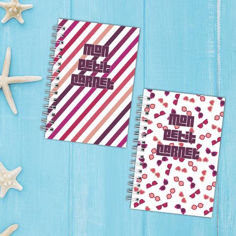 Petits carnet de notes Γ spirales aux motifs de rayures et de paires de lunettes de soleil dans un camaΓ―eu allant du rose saumon au violet. A retrouver dans notre boutique en ligne : ernestine-etcie.fr
