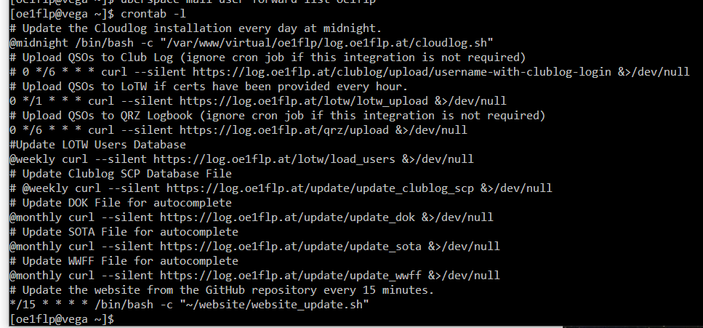 Screenshot of the output of a crontab -l command, listing various computer tasks to be done at set times.
