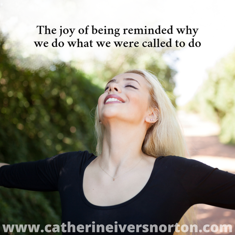 A woman throws her head back, smiling at the sky, arms stretched wide open. The caption reads, "The joy of being reminded why we do what we were called to do."