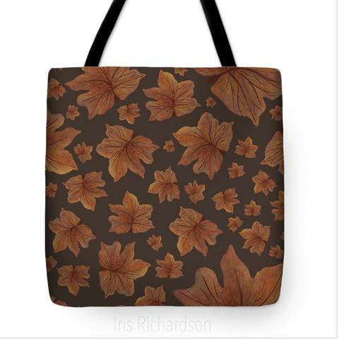 Fall leaf fashion tote with black string. Artist iris Richardson, Gallery Pixel https://iris-richardson.pixels.com/featured/fall-leaf-pattern-iris-richardson.html?product=tote-bag