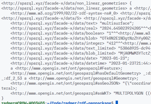 Screenshot of RDF N-quads data, containing geographical information and a lot of unreadable Base-64 blobs, subject and predicate-URLs that contain "sparql.xyz/facade-x/data/".