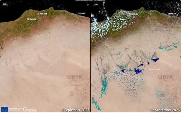 2 side by side satellite images showing desert in brown. on the left only desert fading to green near the coast, on the right the same image with a chain of bright blue laskes visible across the desert