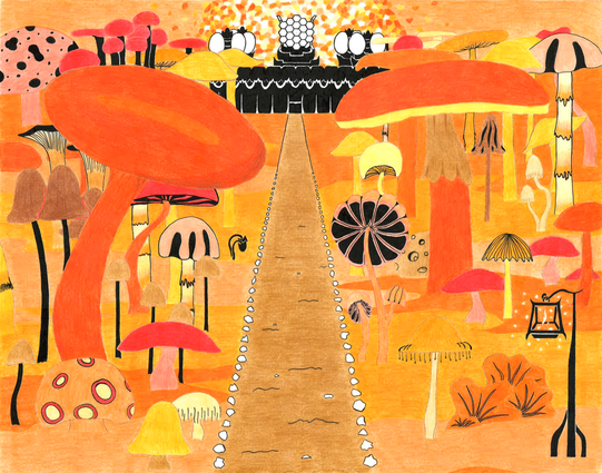 Art piece: colored pencil and ink. A view up a path through a forest consisting entirely of diverse giant mushrooms. The path is lined with white stones, and there is a small lamp-post off to the right in the foregound. The path leads to a city with Cambodian-looking architecture in the distance. The city is rendered in stark black and white, and is surmounted by a number of massive mirrors on styled pillars. The central mirror is surrounded by scintillations that resemble multicolored cracked glass. The dominant color scheme is orange.