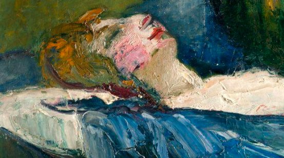 Painting of the reclining head of a woman with red hair painted in a garrish, heavy impasto. Image credit: Galerie Bernard Bouche, Paris /Photo Credit: Studio GIBERT