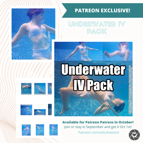 A collage with multiple images of a person underwater in a blue pool in various poses. It says "patreon exclusive underwater IV pack available for patreon patrons in October. Join or stay in September and get it Oct 1st!"