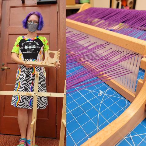 Quinn wearing a dress with black and white random stripes and rainbows, Animal Crossing fruit sleeves, and a center bodice with a sign for the Able Sisters store. Right panel is a rigid heddle loom finally all set up.