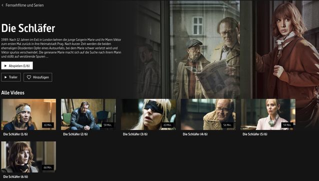 Landing-Page von der arte-Serie "Die Schläfer" mit Coverbild, Sendungsbeschreibung und 6 Folgen.