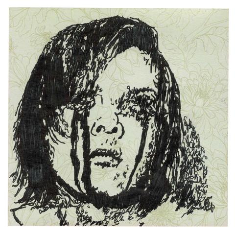 Pen drawing of a woman with her eyes stabbed out drawn on a  green floral Post-It Note.