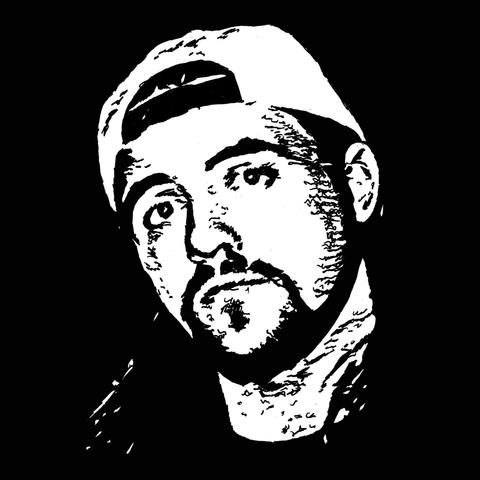 Pen drawing of Kevin Smith as Silent Bob with a neutral expression on his face drawn on a black background.