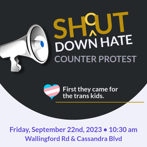 Shut down hate counter protest flyer. 

To the left is an image of a megaphone aligned with the title SHOUT DOWN HATE.

A small heart coloured with the pattern of the trans flag (turquoise, pink, white, pink, and turquoise) sits beside the text:

First they came for the trans kids.

Below:

Friday, September 22nd, 2023 • 10:30 a.m.
Wallingford Rd & Cassandra Blvd
(North York)