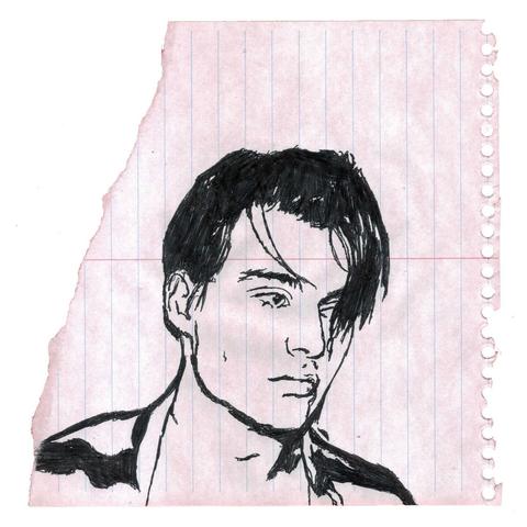 Pen drawing of Johnny Depp as a 50s greaser wearing a prison uniform drawn on a torn notebook page.