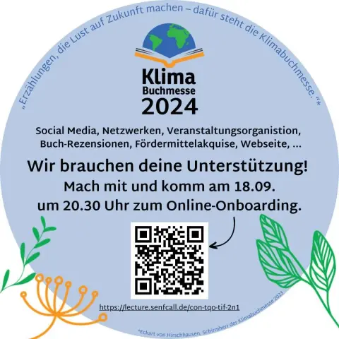 In der Mitte ist das Logo der Klimabuchmesse. Darunter steht 2024 und der folgende Text: Social Media, Netzwerken, Veranstaltungsorganisation, Buch-Rezensionen, Fördermittelakquise, Webseite,...

Wir brauchen deine Unterstützung!

Mach mit und komm am 18.09. um 20.30 zum Online-Onboarding.

Darunter ist ein QR-Code mit dem Link zum Online-Onboarding.