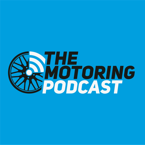 The Motoring Podcast logo of a black alloy wheel with one quarter being representation of white sound waves, with the text "The Motoring Podcast" and a blue background.